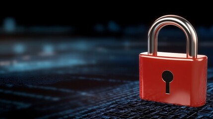 Fototapeta premium Red padlock secures digital data subtly lit cybersecurity concept. AI Generated