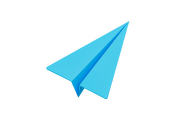 3D Blue origami paper airplane icon. Send message or letter by email. Mail delivery. Social media communication. Cartoon design element isolated on white. 3D Vector illustration