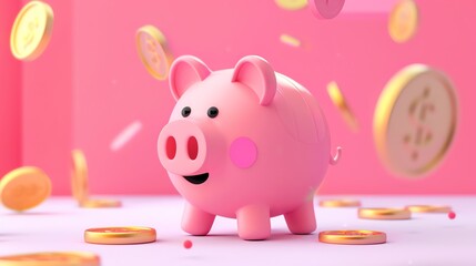A pink piggy bank with a happy face on an orange background with gold coins.