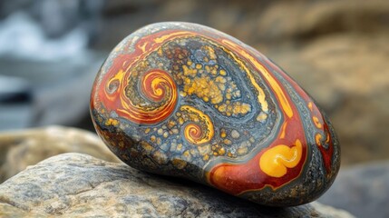 Close-up of a colorful polished stone with swirling patterns resting on a larger rock