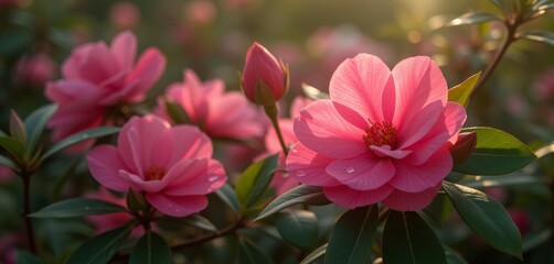Fototapeta premium Pink camellias with morning sunlight