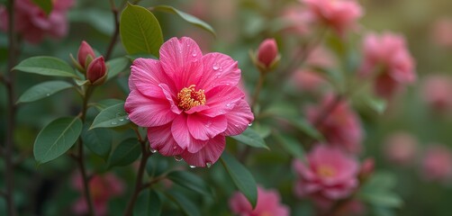 Obraz premium Pink camellia flower with water droplets