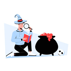 Male Wizard Examining Cauldron With Book And Magnifying Glass In Flat Vector Illustration Symbolizing Magic, Research, And Wizardry, Isolated On White Background.