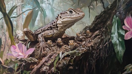 A realistic painting of a mother lizard with her six babies on a tree trunk with flowers and foliage