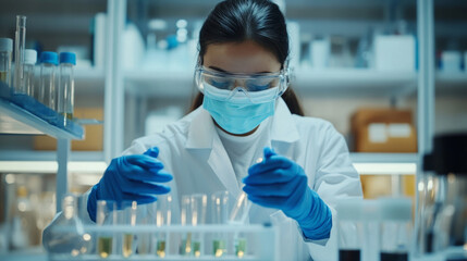 Technician conducts experiments in laboratory with gloves and face mask while handling test tubes and samples