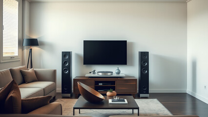 A modern living room with a sleek entertainment setup, including a large TV, speakers, a cozy sofa, and minimalist decor.