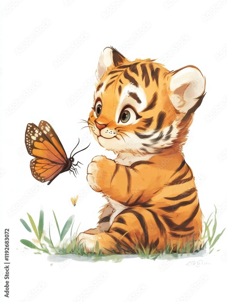 Poster cute tiger cub interacting with a butterfly in a bright, whimsical setting during the day. generativ