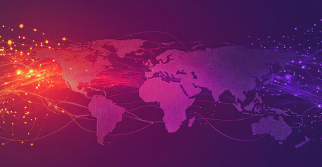Digital world map with vibrant colors and network connections