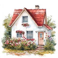 Red roof house with flower beds, watercolor style