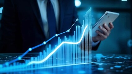 a businessman in a sleek suit interacting with a glowing futuristic graph showing financial growth from 2022 to 2023. the graph features blue and white tones with data points and a dynamic upward arro - Powered by Adobe