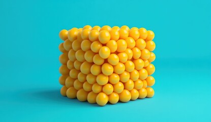 Fototapeta premium Yellow spheres forming a cube on blue background.