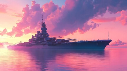 Obraz premium Battleship silhouette against pink sunset skies in a calm water setting with fluffy clouds