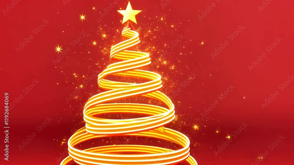 Poster glowing spiral christmas tree with star on top against vibrant red background creating festive and j