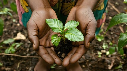 A close-up of hands holding a young plant, symbolizing corporate responsibility in carbon offset initiatives, with a green, nature-inspired background representing efforts toward carbon neutrality. 