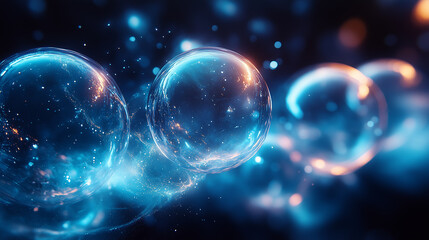 Cosmic spheres in glowing blue and orange light, surrounded by misty space and stardust.
