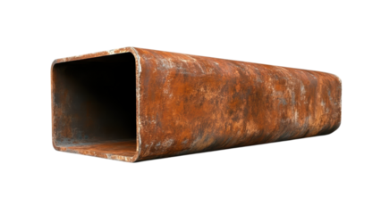 One metal pipe concept, Rusty rectangular metal pipe on transparent background.