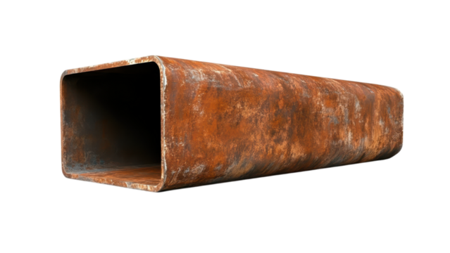One metal pipe concept, Rusty rectangular metal pipe on transparent background.