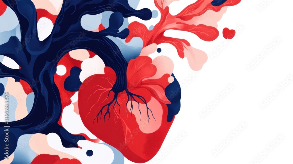 Poster heart-shaped tree with colorful splashes and abstract design, representing emotions and vitality in 