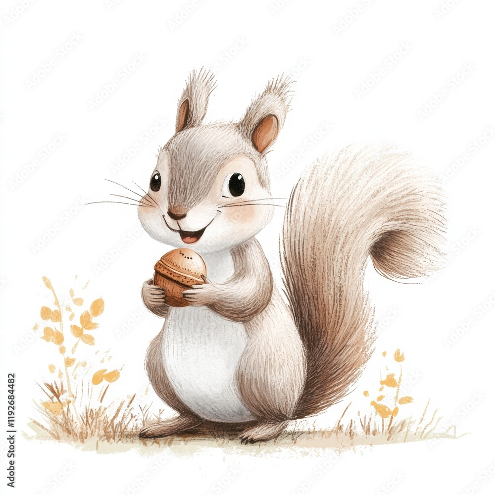 Poster cute cartoon squirrel happily holding an acorn in a colorful autumn landscape with soft foliage. gen