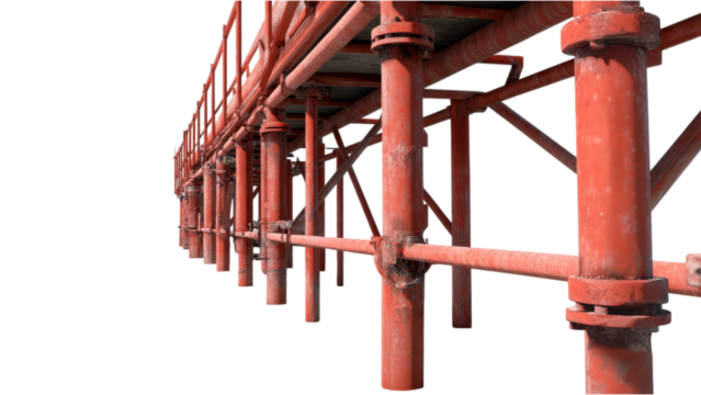 One metal pipe concept, Industrial scaffolding structure with red pipes and supports.