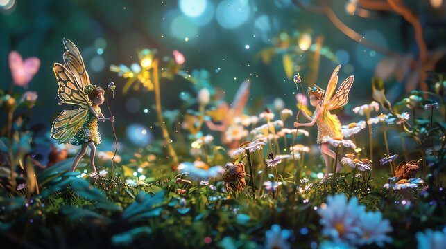 Two fairies with wings fly through a magical forest filled with glowing flowers and fireflies.