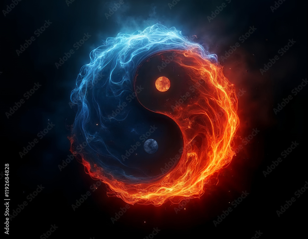 Poster dynamic fusion of yin and yang representing balance through elements of fire and water