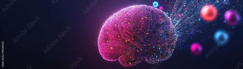 Aufkleber exploration of a digital brain highlighting creativity and innovation through colorful orbs in a dar