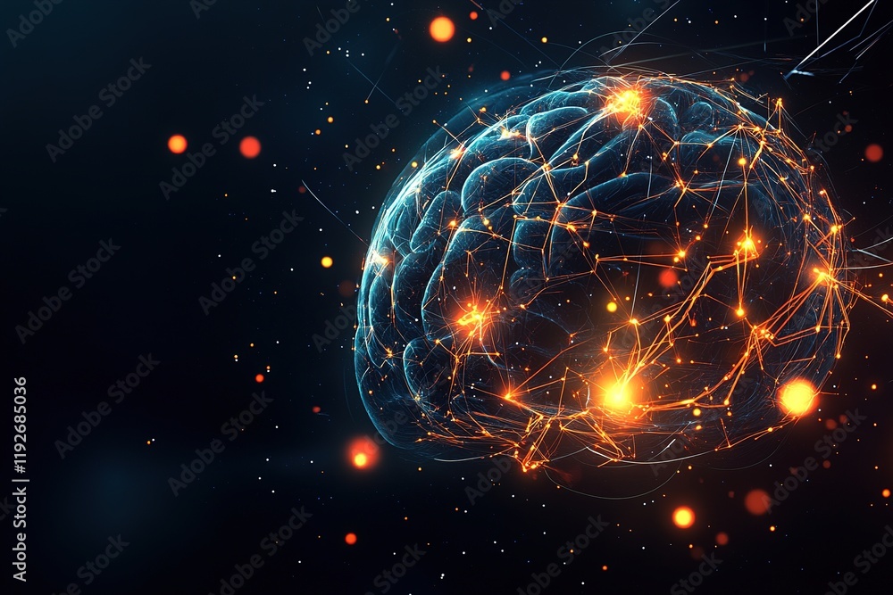 Poster futuristic abstract brain made of circuits and digital lines surrounded by colorful glowing orbs, se