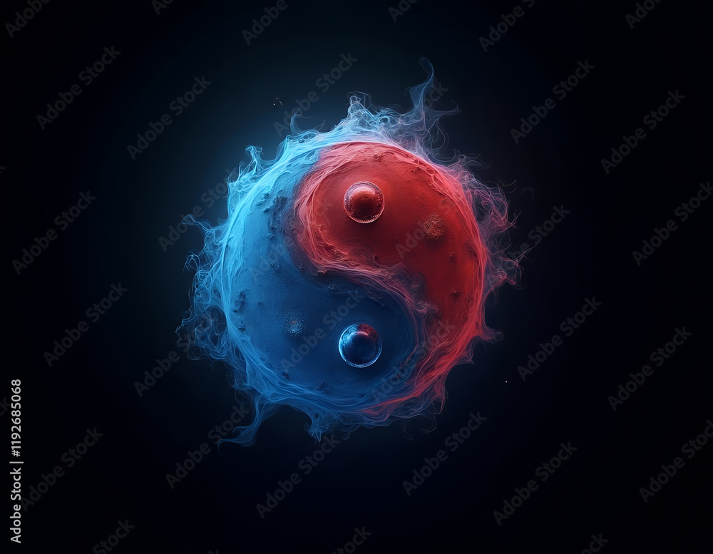 Poster dynamic visual representation of yin and yang with colorful abstract elements representing balance a