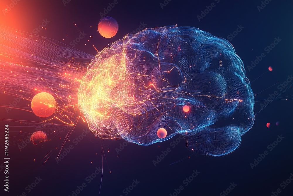 Poster futuristic abstract brain composed of digital lines and circuits illuminated by colorful orbs repres