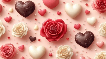 Romantic Chocolate Hearts and Flowers on Soft Pink Background