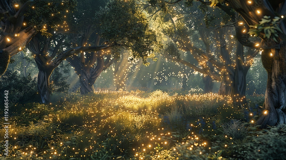 Canvas Prints a magical forest with glowing lights on the trees and in the grass.