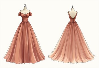 Obraz premium 構造化された高級デザインの陶器インスピレーションドレス、女性用ファッションイラスト、クリーンで正確なスタイル 