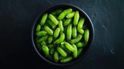 Bowl of bright green insect larvae.