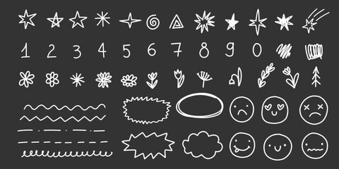 Hand drawn doodle sketch vector symbol set with digit, stars, number and character faces emotions underline strokes.