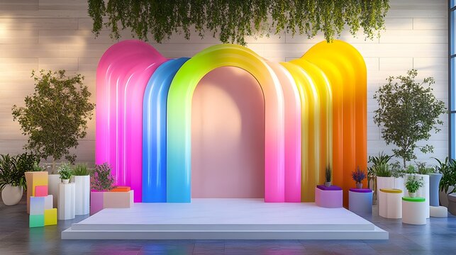 A stylish event backdrop featuring a colorful arch, with various color swatches displayed nearby, highlighting the flexibility of custom color choices for different event themes and settings. 