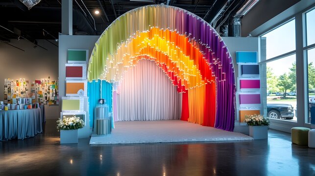 A stylish event backdrop featuring a colorful arch, with various color swatches displayed nearby, highlighting the flexibility of custom color choices for different event themes and settings. 
