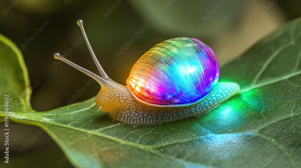 Poster a colorful snail with rainbow shell on green leaf close up macro view artistic image