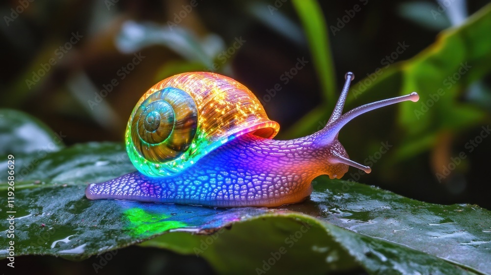Poster a mesmerizing iridescent snail with a shimmering shell resting on a wet green leaf