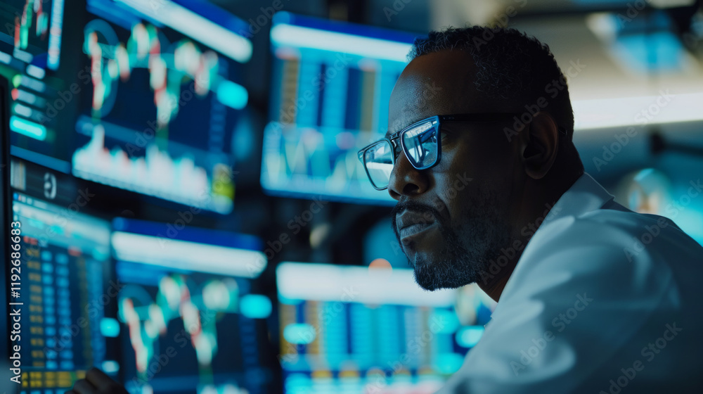 Poster checking stock prices on multiple monitors in a modern trading environment during a busy market hour