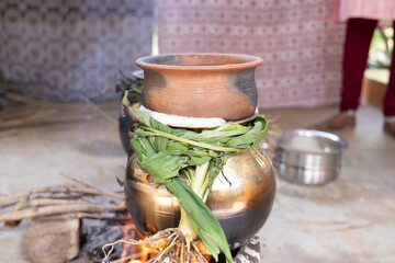 celebrating Traditional Thai Pongal festival to sun god with pot, lamp,wood fire stove, fruits and sugarcane. Making Sakkarai or sugar pongal and ven pongal in sand stove in traditional method.