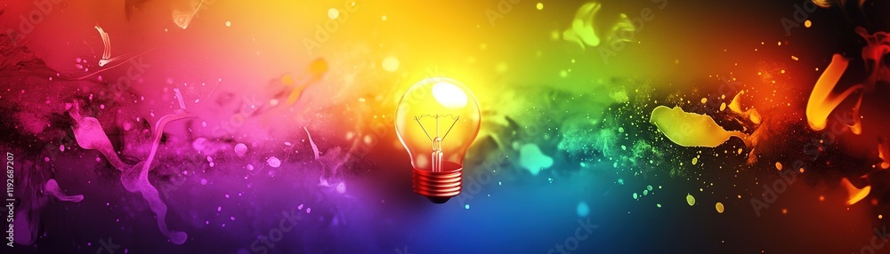 Poster glowing abstract light bulb surrounded by colorful sparks in an imaginative and inspiring design