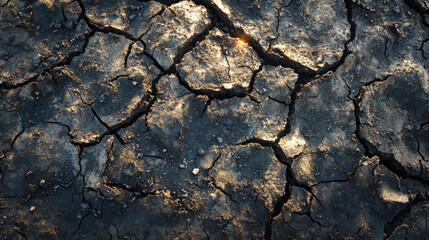 Fototapeta premium Cracked ground surface with dry soil and sunlight peeking through, showcasing effects of drought and arid conditions