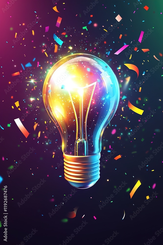 Poster illuminating creativity with a glowing abstract light bulb surrounded by colorful sparks and shapes 