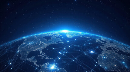 stunning view of Earth from space, showcasing global communication network with bright connections across continents. image captures beauty of our interconnected world