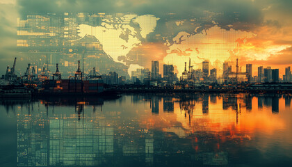 double exposure of industrial shipping container harbor skyline and a digital world map