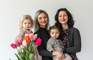 Generational family portraits with tulips celebrating Women's Day. AI generated image