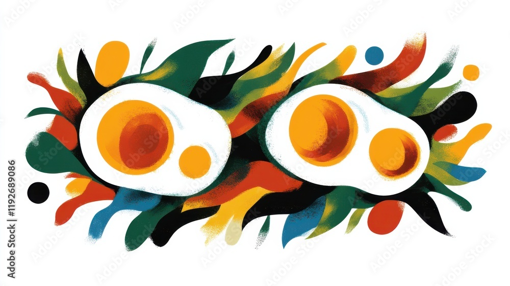 Aufkleber vibrant abstract art depicting two half boiled eggs surrounded by colorful organic shapes in a dynam