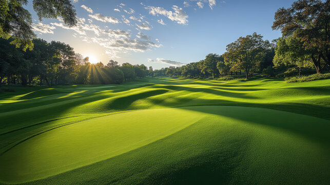 beautiful golf course with rolling green terrain under sunny sky, showcasing vibrant grass and gentle hills. scene evokes sense of tranquility and leisure