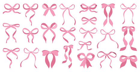 Simple hand drawn pink ribbon bow collection. Bowknot for decoration, big set of bowtie. Large retro ribbon illustration set. Set of various cartoon bow knots, gift ribbons. Valentines day, love sign 